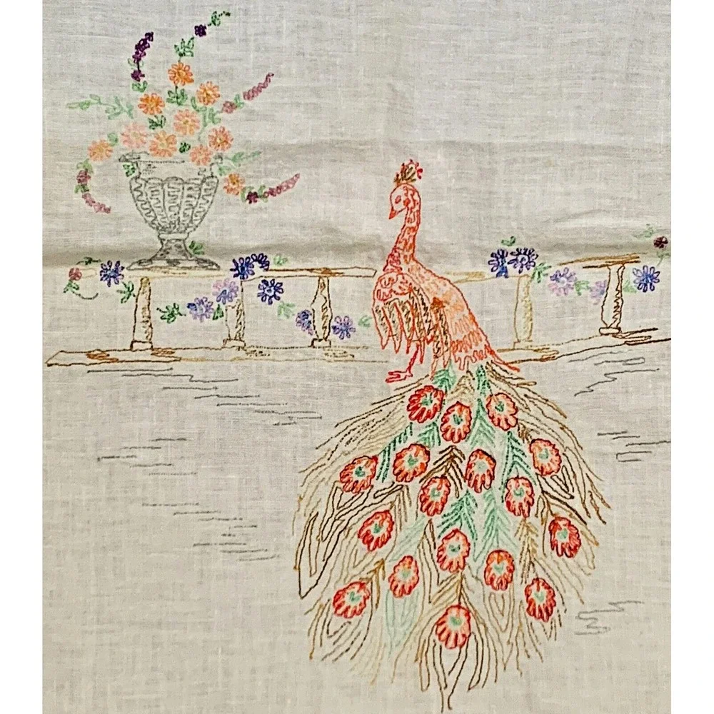 Vintage PEACOCK, Fence & Urn Table Runner Dresser Scarf 36